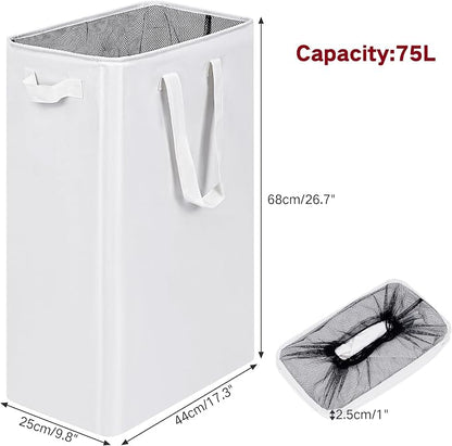 efluky Slim Laundry Basket, Narrow Laundry Hamper with Handles, Collapsible Dirty Clothes Hamper, Tall Laundry Bin for Laundry Room, Dorm and Bedroom, 12.7 Gallons(75L) White