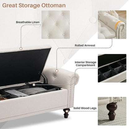 58'' Upholstered Storage Bench for Bedroom, Linen End of Bed Storage Ottoman Benches Large, Button Tufted Ottomans with Storage for Living Room/Entry Way/Closet, Beige
