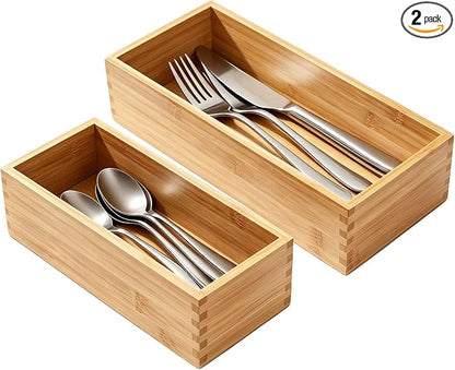 Bamboo Drawer Organizer Set, 2 Pack Multi-Size Wooden Storage Box, Natural Utensil Holder for Kitchen Flatware Silverware, Bathroom, Office Desk, Makeup and Cooking Tools