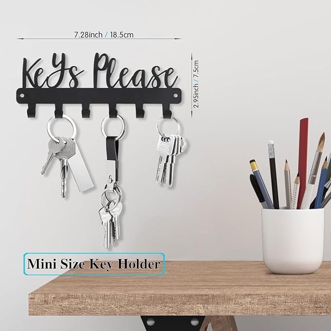 Mini Keys Please Holder on Wall,Small Key Holder Wall Mounted,Black Metal Decorative Key Rack Hooks for Garage,Mudroom,Hallway,Entryway,Front Door,Office(Mini Size:7.28 x 2.95 inch)