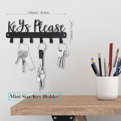 Mini Keys Please Holder on Wall,Small Key Holder Wall Mounted,Black Metal Decorative Key Rack Hooks for Garage,Mudroom,Hallway,Entryway,Front Door,Office(Mini Size:7.28 x 2.95 inch)