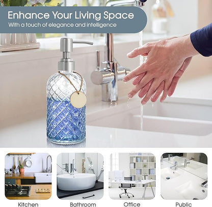 Gem-Patterned Glass Soap Dispenser with Rust Proof Stainless Steel Pump-13 oz Liquid Hand Soap Dispenser for Kitchen & Bathroom,Great for Lotions, Essential Oil, Liquid Soaps-Clear