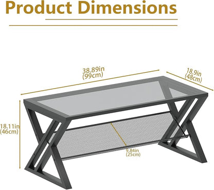 Wolawu Glass Coffee Table Living Room Table with Storage Shelf, Grey Glass Table Simple Modern Rectangular Tables with Sturdy Black Metal Frame,Industrial Glass Coffee Table for Bedroom Home Office