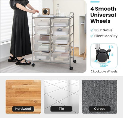 Giantex 10 Drawers Rolling Cart, Classroom Organizers, Storage Cart with Wheels, for Teacher Office Home School Supplies Tool Craft Art Paper, Clear White