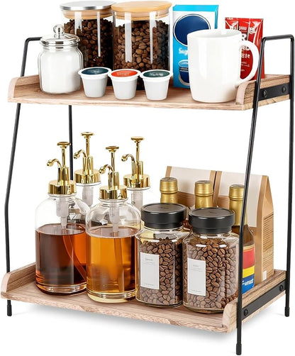Coffee Bar Organizer for Countertop, 2-Tier Coffee Station Organizer with Metal Frame & Wooden Shelves, Coffee Accessories Organizer Rack for Pods, Syrups, Cups & Tea Bags (Brown)