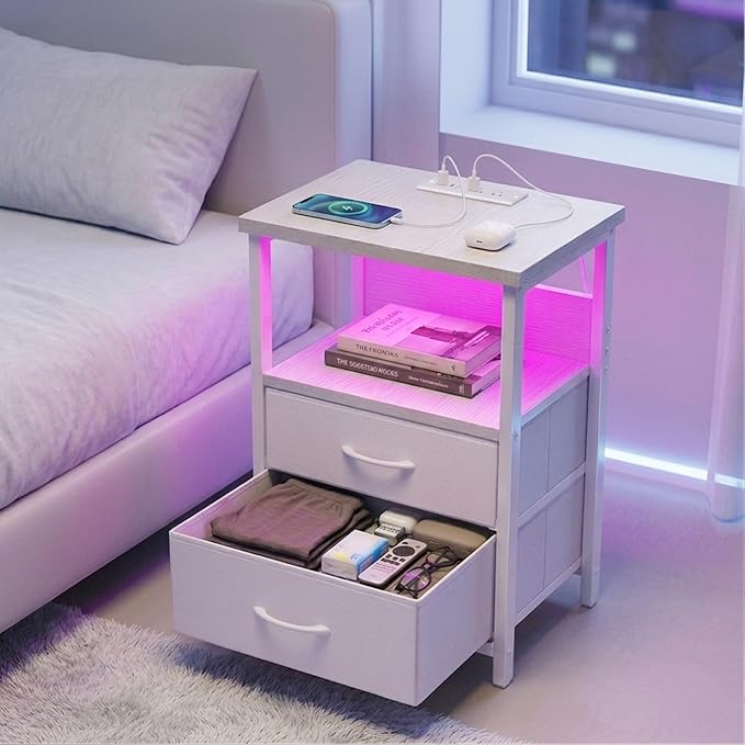 Fixwal White Nightstand for Women Bedroom, LED Night Stand with Charging Station, Bed Side Table with 2 Fabric Storage Drawers