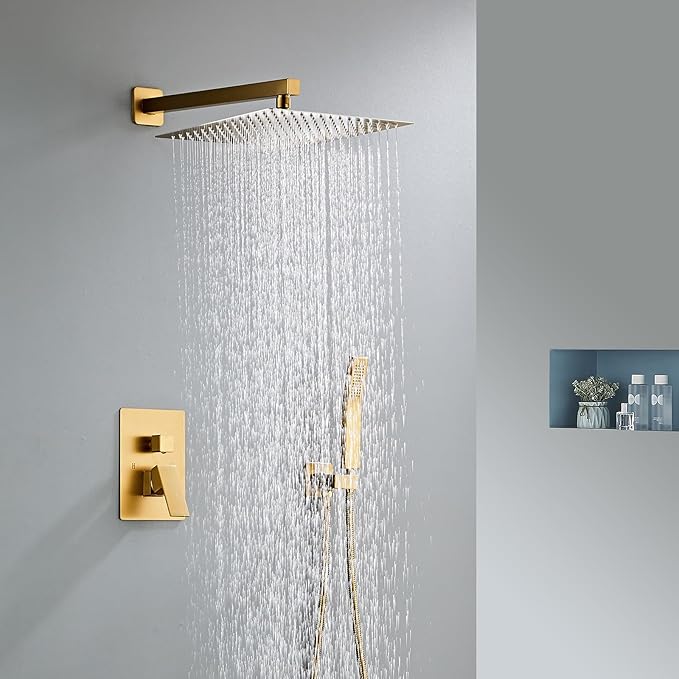 SaniteModar Brushed Gold Shower Head System 12 Inch Square Rainfall Shower Head with Handheld Shower Vaval and Trim Kit Wall Mounted Shower Faucet Set, Brushed Gold Shower Head