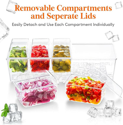 Lifewit Ice Chilled Condiment Caddy with 5x 20 oz Containers, Condiment Server with Separate Lid, Serving Tray Platter with Removable Dishes for Bar, Fruit, Salad, Taco, Party Garnish