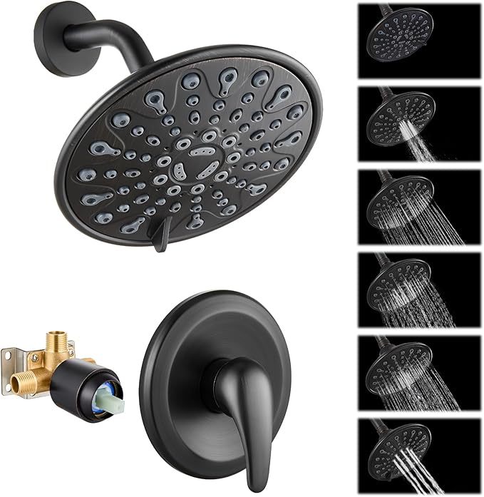 gotonovo Shower Faucet Set Bathroom Shower Head and Handle Set Complete 6 Settings 6 inch Rainfall Shower Head Kit High Pressure Shower System Combo Shower Trim Kit with Valve Oil Rubbed Bronze