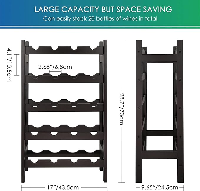 SMIBUY Bamboo Wine Rack, 20 Bottles Display Holder, 5-Tier Free Standing Storage Shelves for Kitchen, Pantry, Cellar, Bar (Dark Brown)