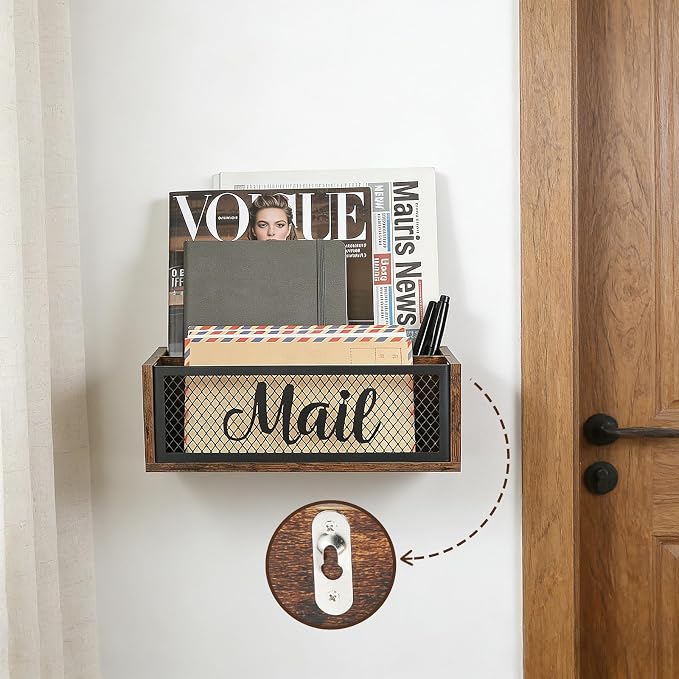 Mail Organizer Countertop, Rustic Farmhouse 2-Slot Wood & Iron Mail Holder, Retro Wall Mounted or Desk Entryway Letter Bill Envelope Sorter, No Assembly | Wood & iron, 11"×4"×4", holds letters, bills & magazines. Non-slip base, no sliding or scratching...