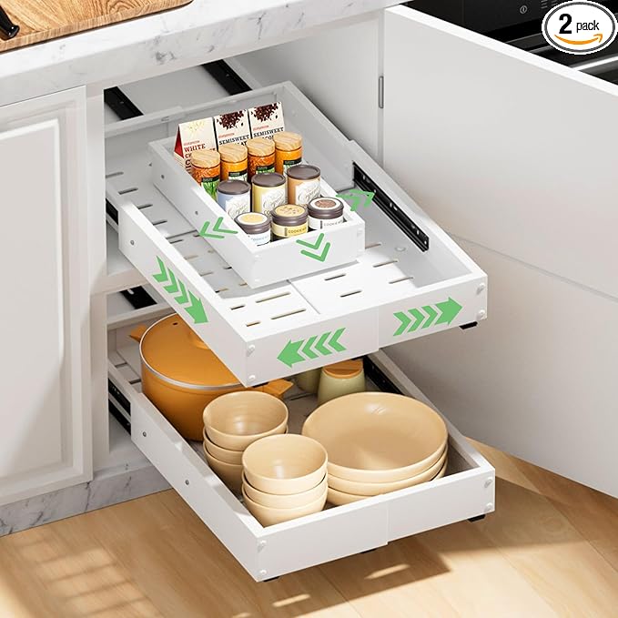 2 Pack Pull out Cabinet Organizer, Width (10"-16") Depth (17"-25"), with 3 Rails Adjustable Slide, Expandable Pullout Drawers for Cabinets, No Drill Adhesive Kitchen Drawers for Pantry Shelves
