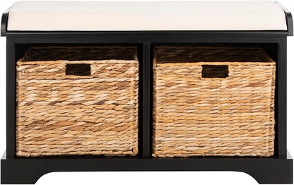 SAFAVIEH Home Collection – Freddy Black Storage Bench with Wicker Baskets & Cushion, Entryway Seating Bench, Fully Assembled (AMH5736B)