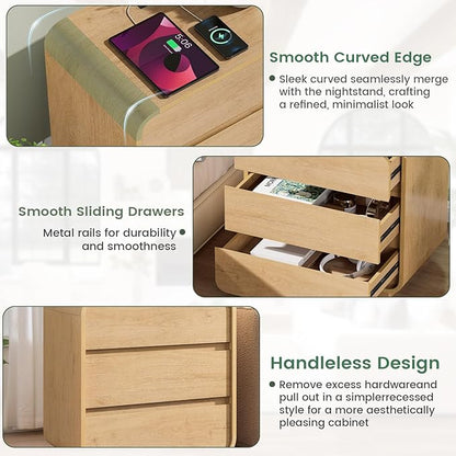 Natural Curved Nightstand Set of 2, 23.2" Large Wood Bedside Table with 3 Drawers, Charging Station, Modern Side Table, Mid-Century End Table Night Stand for Bedroom Sofa,