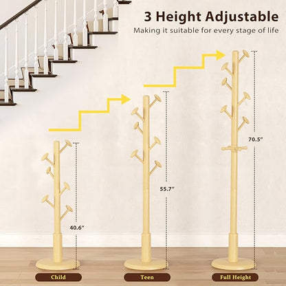 Solid Wood Coat Rack Freestanding Coat Tree with 10 Hooks for Bedroom, Livingroom, Entryway, Sturdy Coat Hanger Stand for Hats, Coats, Scarves, Handbags, Purses