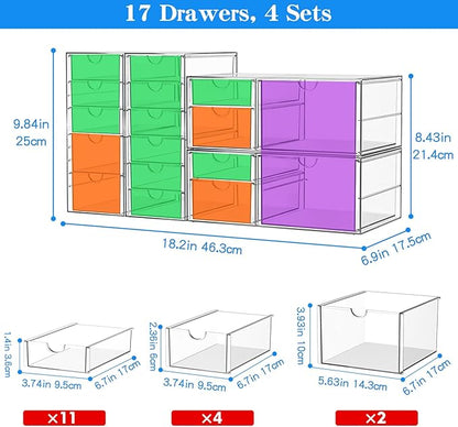 ARSTPEOE Makeup Acrylic Organizer with 17 Drawers(4 Sets), Desk Organizers and Accessories, Clear Makeup Organizer, Dustproof Storage Drawers for Office Art Craft Supplies
