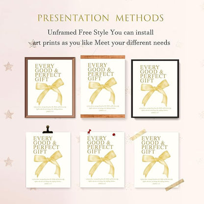 LARTSFRO Coquette Yellow Bow Wall Art Decor Posters, Butter Yellow Bow Room Bedroom Bathroom Dorm Wall Art Decor Aesthetic for College Teen Girls Gifts, Inspirational Bible Verses Bow Wall Decor, 10x8 Inch Set of 4 Pcs Bow Pictures (UNFRAMED)
