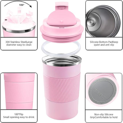 YINBAOGE Insulated Travel Coffee Mug, Spill & Leak Proof, Portable To Go Camping Stainless Steel Coffee Tumbler, Reusable Thermal Coffee Cup with Lid for Hot & Cold Drinks (Pink, 17 OZ)