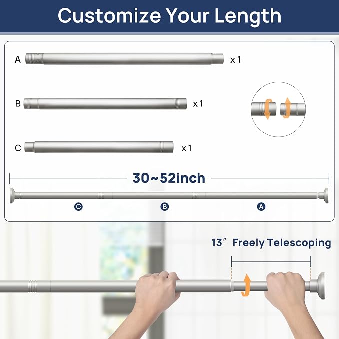 ENJOYBASICS Shower Curtain Rod 30 to 52 Inches, Stainless Steel Adjustable Spring Tension Rods No Drill for Bathroom, Closet, Window, Room Divider, Never Rust, Non Slip, Nickel