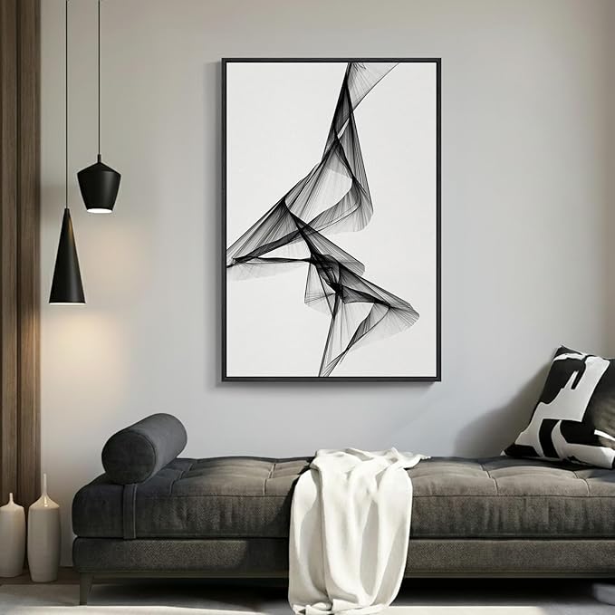 Framed Black and White Abstract Wall Art, Modern Minimalist 1 Piece Canvas Prints Paintings for Walls, Large Elegant Lines Pictures for Living Room Dining Bedroom Hallway Office Wall Decor 24x36 In