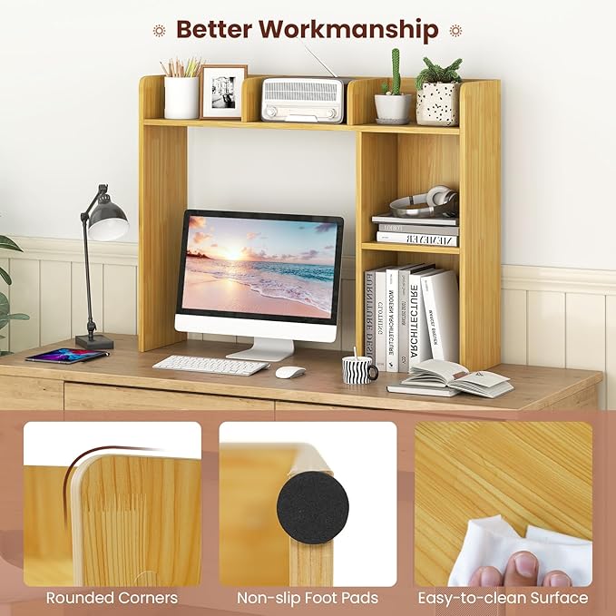 Desk Hutch, Desktop Shelf with 5 Shelves, Desk Bookshelf w/Anti-Toppling Devices, Wood Table Top Bookshelf Organizer, Small Desk Shelf for Study, Office, Dorm (Burlywood, 5 Shelves)