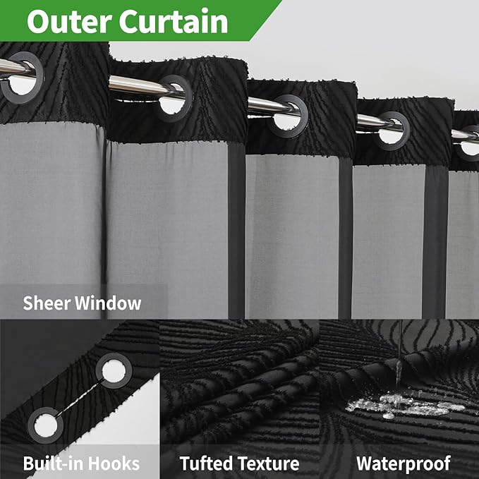 no Hook Shower Curtain and Liner Set，Boho Style with See Through Top Window, Black Fabric Tufted Striped Textured Outer Curtain & Waterproof Inner Liner, DarkBlack, 71Wx77H