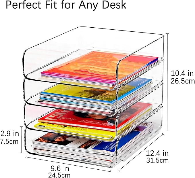 DCA 4 Tier Clear Desk Organizer, Stackable Paper Tray, Acrylic File Holder Paper Organizer for Office, Home, School, Letter & A4 Size