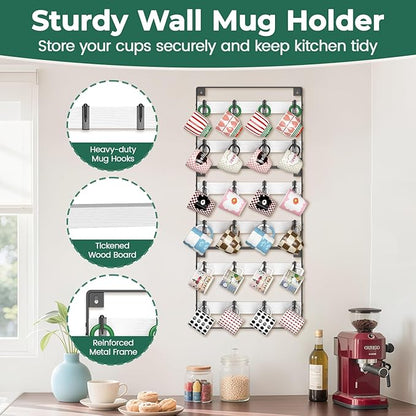 EsLuker.ly Mug Holder Hanger Rack Wall Mounted Wooden 3 Pack Coffee Cup Storage Organizer Display Shelf with 24 Movable Plastic Hooks, Ideal for Mug Collectors, White-Black