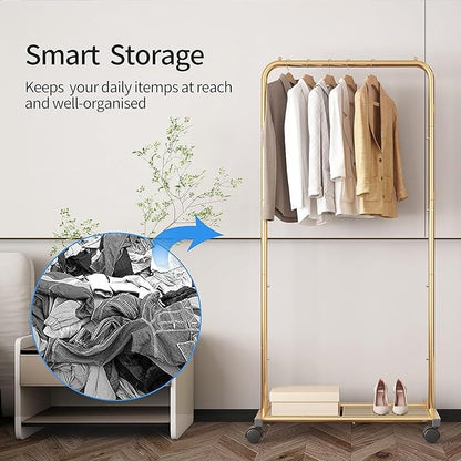 Simple Trending Standard Clothes Garment Rack, Clothing Rolling Rack with Mesh Storage Shelf on Wheels, Golden Yellow