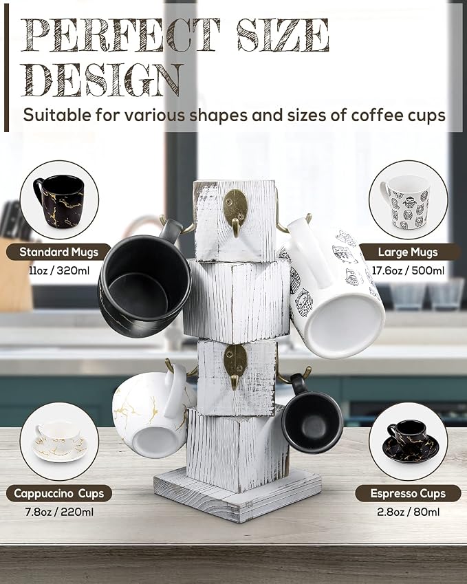 PUERSI Coffee Mug Holder for Counter, Rustic Solid Wood Mug Tree, Farmhouse Wooden Coffee Cup Rack with 8 Hooks (Farmhouse White)