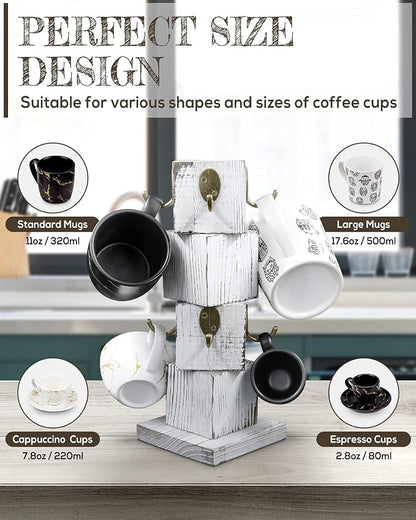 PUERSI Coffee Mug Holder for Counter, Rustic Solid Wood Mug Tree, Farmhouse Wooden Coffee Cup Rack with 8 Hooks (Farmhouse White)