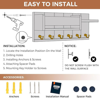Key Holder Wall Mount - Key Hooks for Wall Decor Living Room - Wooden Key Hanger Rack and Mail Organizer with Shelf for Home Essentials - Modern Entryway House Decor Aesthetic