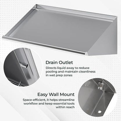304 Stainless Steel Slanted Wall Rack Shelf with Drain Outlet – 21" x 22.5" | Compact Wall-Mounted Drip Shelf for Commercial Kitchen or Bar (21 in. x 22 1/2 in)