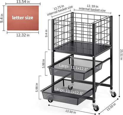 TOOLF Rolling File Cart, 3-Tier Metal File Cabinet with Wheel, Filing Cabinet with 2 Sliding File Trays, Adjustable Hanging File Folder Organizer for Office, Home, Classroom Black