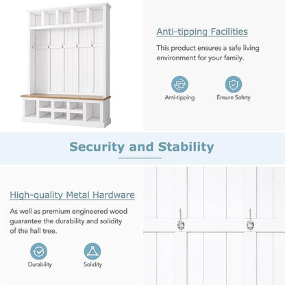 Merax Wood Farmhouse Hall Tree with Storage Entryway Bench, 3-in-1 Coat Racks with 6 Hooks &Shelves for Entrance, Hallway, Mudroom,White