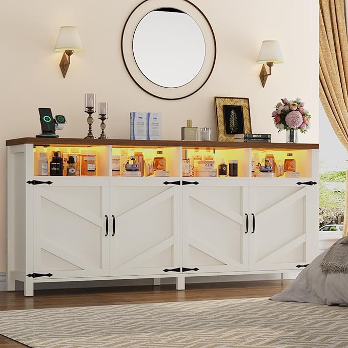 63'' Buffet Sideboard with Storage with Power Outlets & LED Light 4 Doors, Large Farmhouse Kitchen Storage Cabinet Wood Coffee Bar Cabinet Buffet Table for Kitchen, Dining Room, Entryway