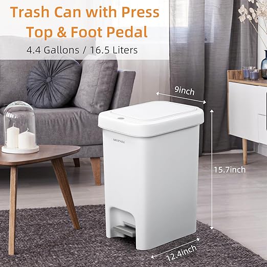 MOPALL 16.5L/4.4Gal Bathroom Trash Can with Lid Soft Close, Slim Trash Can with Pop-Up Lid & Step On Foot Pedal, Garbage Can Waste Bin Trash Bin Wastebasket for Home Kitchen Garage Apartment Office RV
