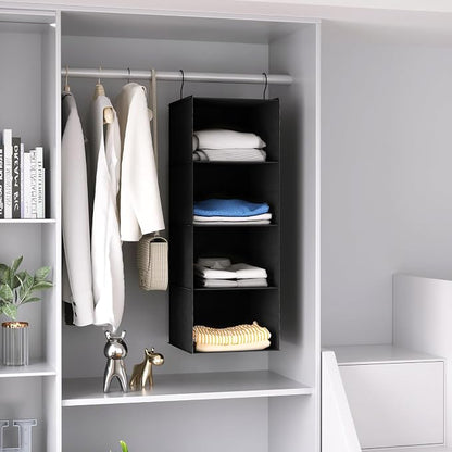 Hanging Closet Organizer 4-Shelf, Oxford Fabric Wardrobe Storage, Black | Easy-mount foldable design holds clothes, handbags, shoes & accessories; washable Oxford fabric, sturdy and space-saving.