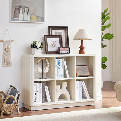 6 Cube Bookcase, 40" Wide Low Horizontal Book Shelf Curved Edge, Wood Floor Standing 2-Tier Bookshelf with Base, Modern Short Storage Cabinet Book Case for Bedroom,Office, Grey-White Cream Oak