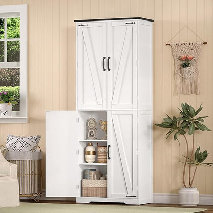 TEENFON Tall Pantry Cabinet, Kitchen Cabinet with 4 Shelves, Adjustable Shelves, Pantry Cabinets with 4 Barn Doors, Tall Kitchen Cabinets for Dining Room, Living Room, White