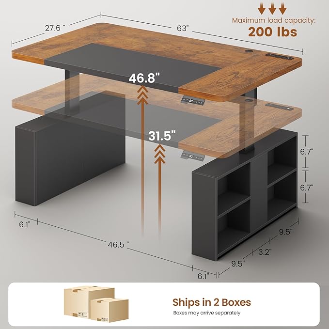 SEDETA 63" Executive Standing Desk with Storage, Executive Height Adjustable Desk with Power Outlets, Large Computer Office Desk with Privacy Panel for Home Office, Rustic Brown