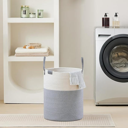 VIPOSCO Tall Laundry Basket, Large Dirty Clothes Hamper with Leather Handle, Woven Rope Storage Basket for Blanket, Toy In Living Room, Bathroom, Bedroom - 53L Grey & White