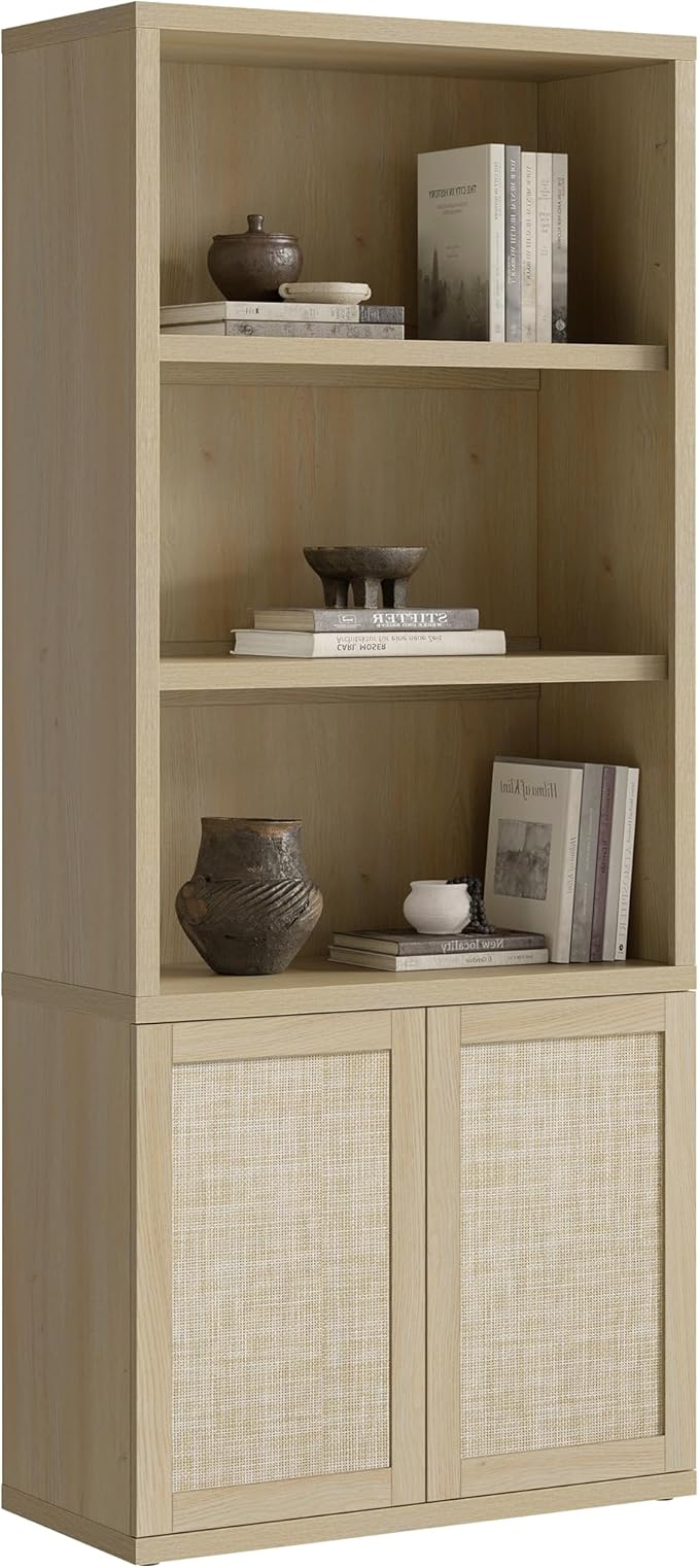 SICOTAS 70.5" Tall Bookshelf - 5-Tier Rattan Bookcase with Storage Cabinet Large Farmhouse Book Shelves with Doors, Boho Bookshelves for Living Room Home Office Library(Sand Oak, 1 Piece)