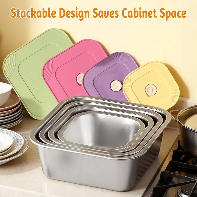 4-Piece Stainless Steel Lunch Box with Lids Set, Stackable Metal Food Storage Containers, Leakproof Lunch Containers, Dishwasher Safe Bento Box, Snack Containers (Size 4.5", 5.5", 6.3", 7")