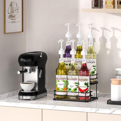 THYGIFTREE Coffee Syrup Rack Organizer 6 Bottle Syrup Holder Stand, 2-Tier Bottle Rack Storage Shelf for Kitchen Coffee Bar Station, Tabletop Bottle Display