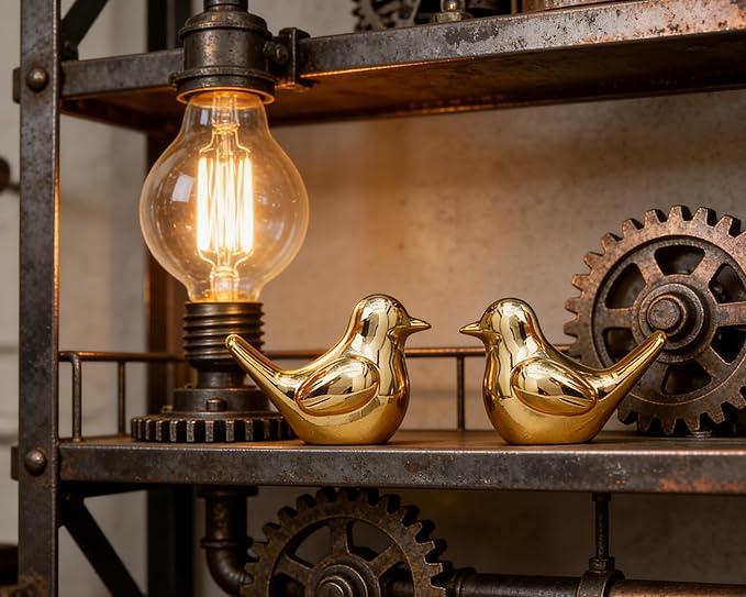 Artconal Small Gold Bird Statue Ceramic 2-Piece Set, 4½ inch Cute Knick Knack for Home Office Shelf Desk Decor