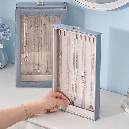 Lolalet Necklace Organizer Box, Jewelry Storage Box with Clear Window for Necklaces Bracelets, Tangle-Free Necklace Display Case for Women Girls, Dusty Blue, 3 Layers 30 Hooks