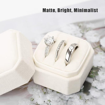 DesignSter Velvet Ring Box - Square, 3 Slots, Premium Ring Bearer Box for Wedding Ceremony & Proposal Engagement (Beige)