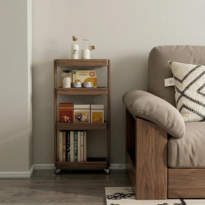 4-Tier Rolling Utility Cart with Lockable Wheels – Solid Oak Mobile Storage Trolley & Shelving Organizer for Kitchen, Living Room(Walnut, 7.87" D x 15.75" W x 31.89" H)