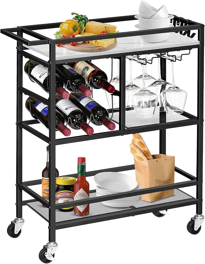 Bar Cart for Home, 3-Tier Serving Cart with Wheels and Handle, Beverage Cart with Wine Rack and Glass Holders, Rolling Wine Cart for Kitchen, Dining Room, Marble and Black RCHM6101